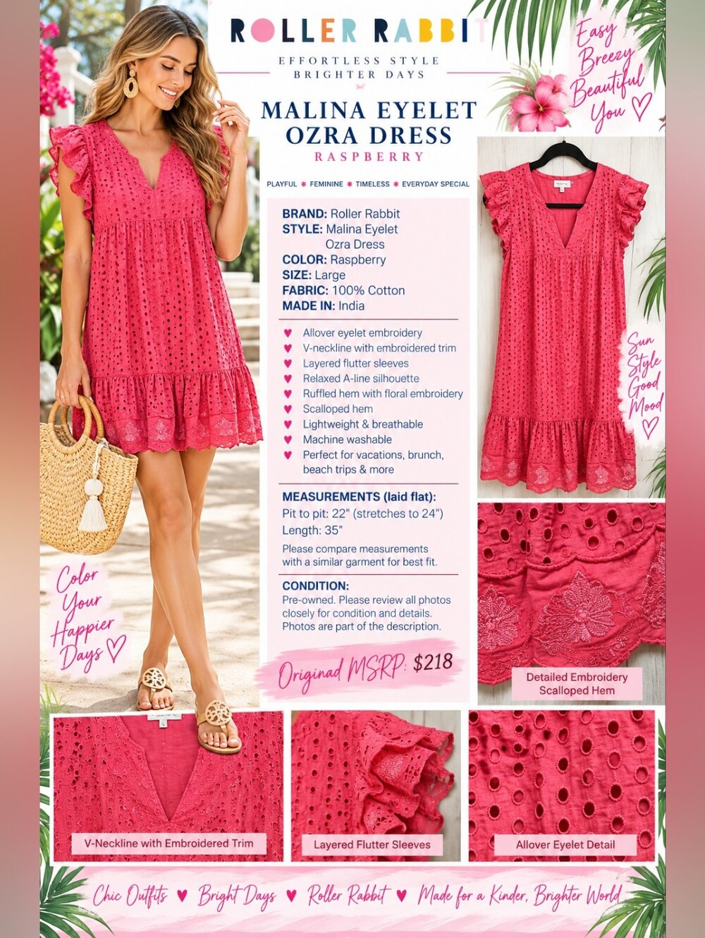 Roller Rabbit Malina Eyelet Ozra Dress Raspberry Cotton Ruffle Large